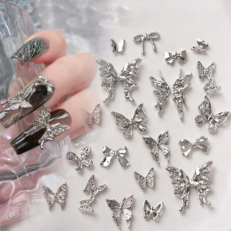 10Pcs Silver Multi-Designs Nail Art Jewelry Charms Crystal Rhinestones 3D Butterfly Shaped Alloy Butterfly Nail Charms