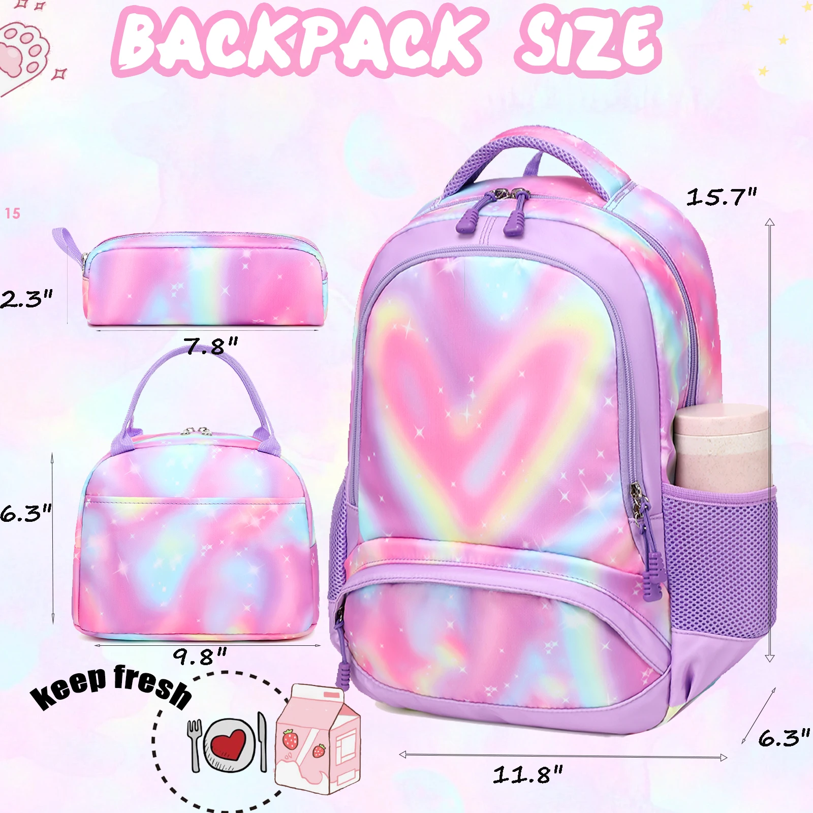 Fashion 3 In 1 Student Backpack Set Pink Purple Heart Pattern Waterproof School Backpack For Teenagers