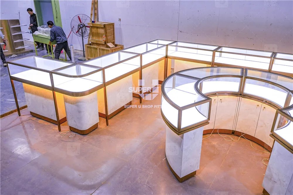 Custom Gold Metal Jewellery Display Showcase Rectangle Glass Jewelry Display Counter Table for Jewelry Shop