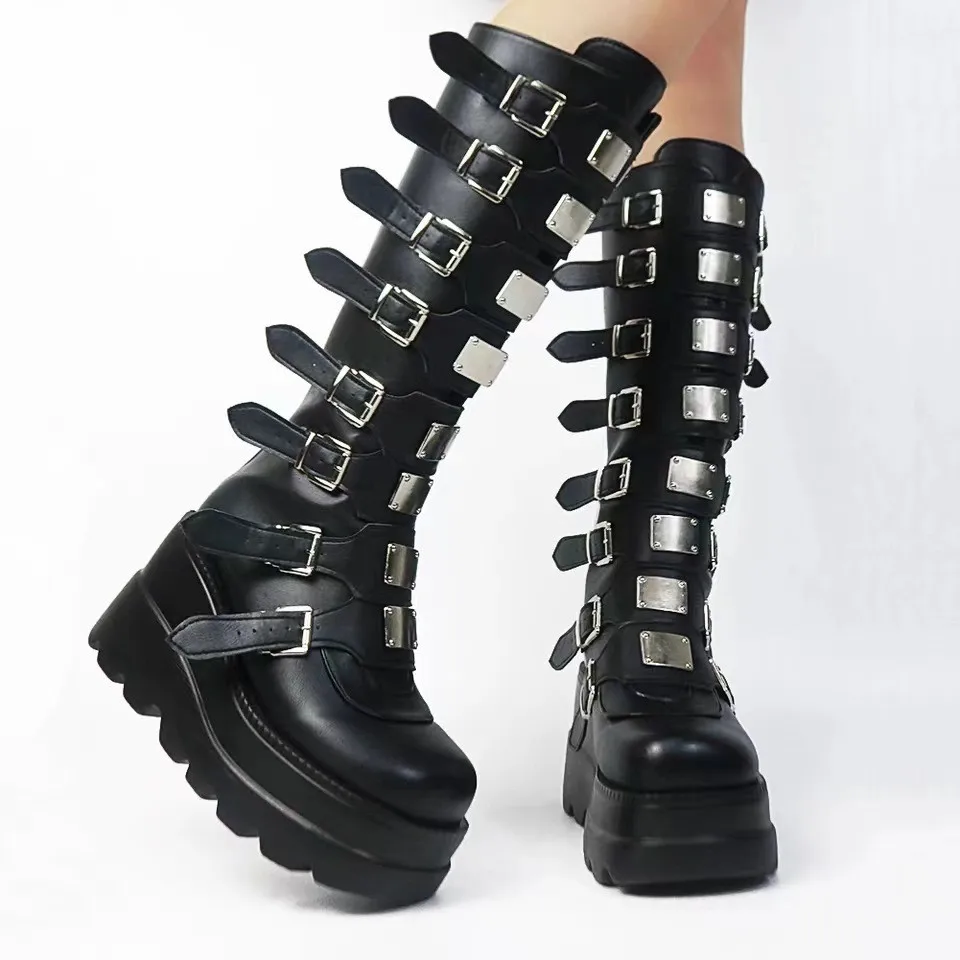 New Fashion Spring Autumn Knee High Wedges Chunky Platform Comfy Walking Gothic Style Women Shoes High Women Boots
