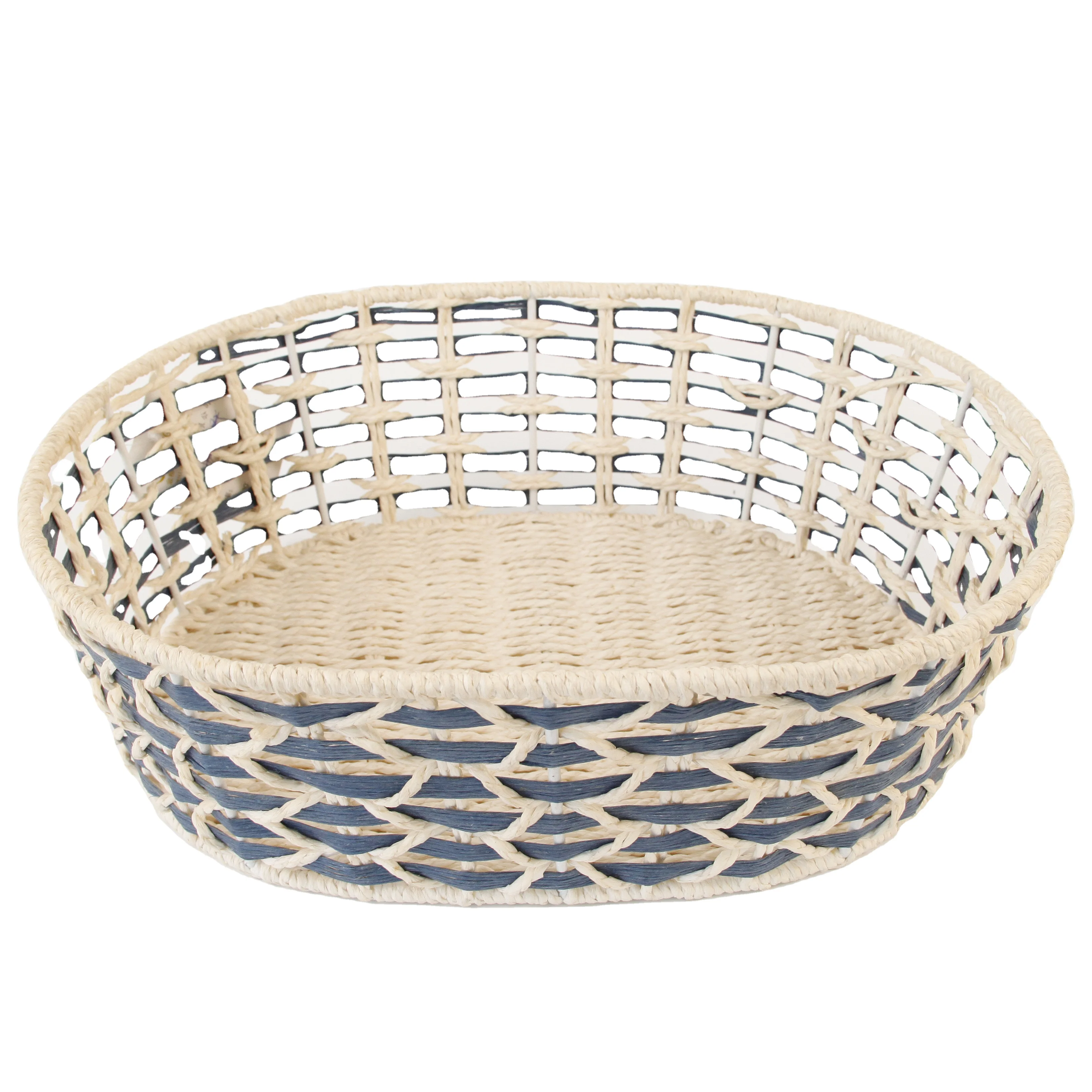Customized Cream-colored Blue Paper Rope Iron Frame Oblong Storage Basket for Office