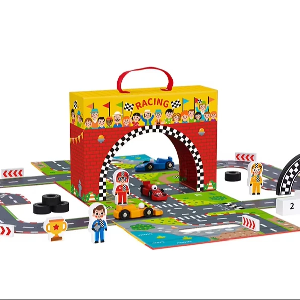 Portable Expandable Racing Game Box with Race Track, Award Podium and Simulated Racing Toys.