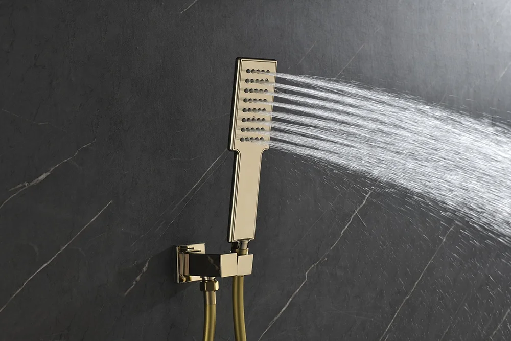 19x19-inch, ceiling-mounted concealed shower system with three body jets, hidden design, light gold, round, thermostatic button