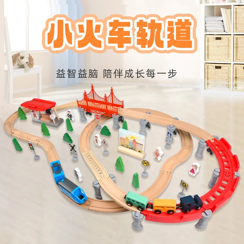 Wooden Train Railway Construction Set With Track Compatible And Train Railroad Toys For Kids Gift For Age 3Y+
