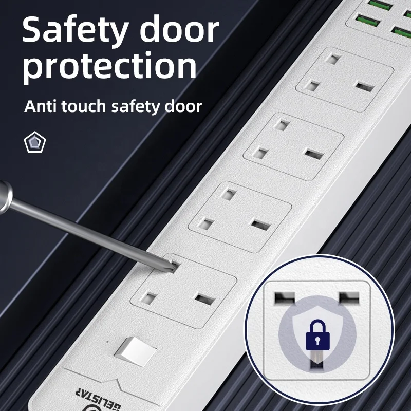 UK Standard Quick Charge Multi-way extension lead Surge Protector power strip with usb extension socket