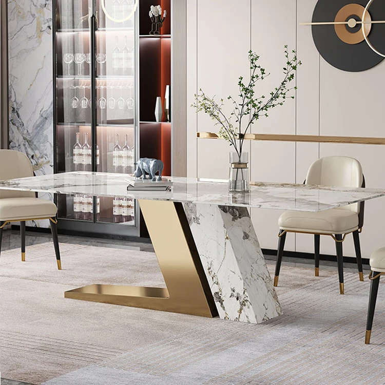 Italian Modern art design best-selling Marbling rock dining table stainless steel dining room tables set