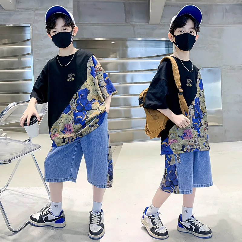 Summer Fashion Clothing Sets 2pcs Short Sleeves T-shirt and Jeans Shorts Suit for 13-14 Years Old Teen Child Kids Boys