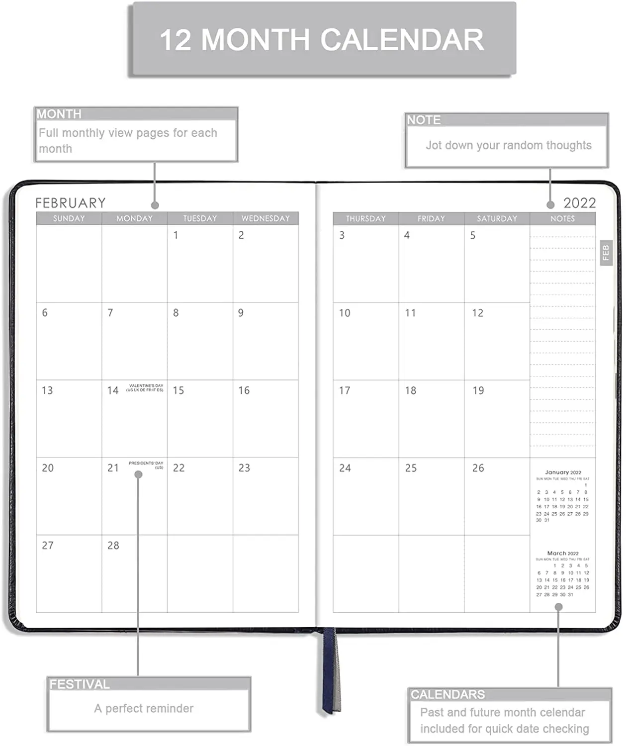 2022 Weekly Monthly Planner with Calendar pu leather journal notebook with elastic band