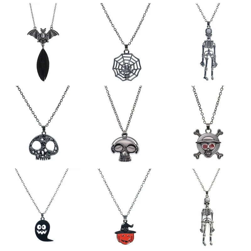 Punk Retro Skeleton Ghost Festival Halloween Necklace For Women Gothic Skull Bat Pumpkin Head Long Pendant Necklace