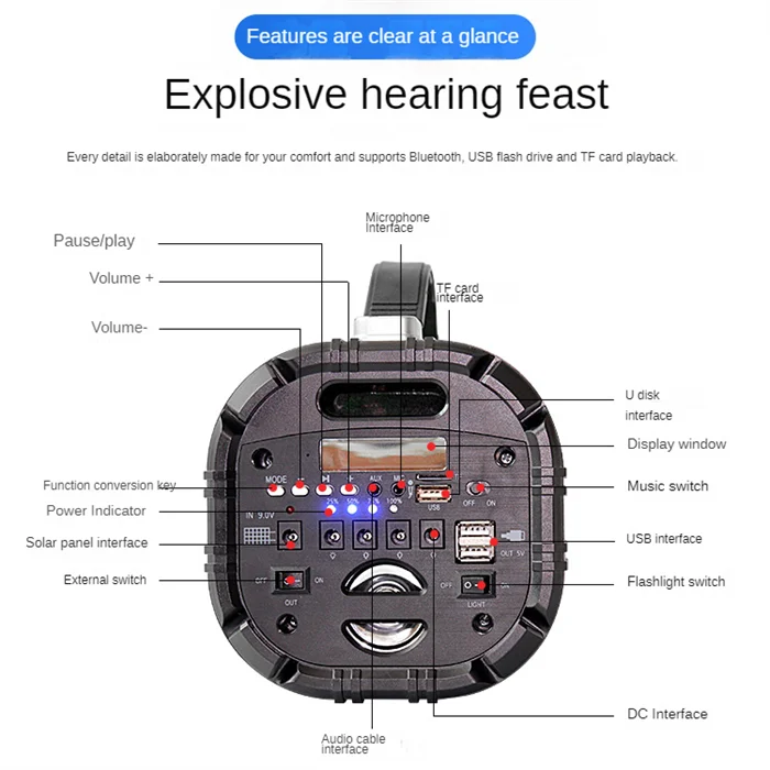 Hot Microphone Wireless BT And Emergency Hand Crank Weather Radio Multifunctional Lighting Sound System Solar Audio Player