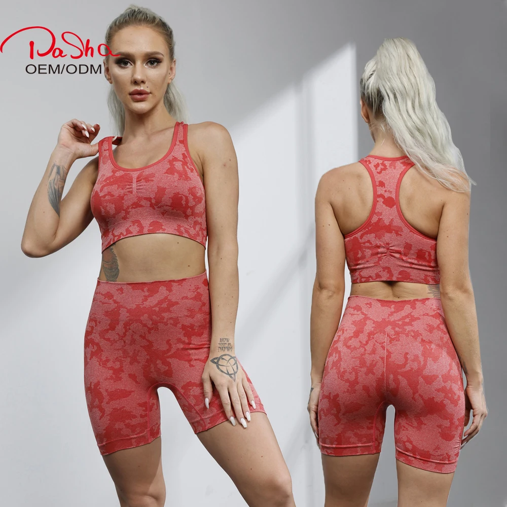 Pashasunshine 2021 спортивная одежда Камуфляжный цвет йога байкерские шорты + бюстгальтер Комплект женский наряд Одежда для фитнеса 2 шт.