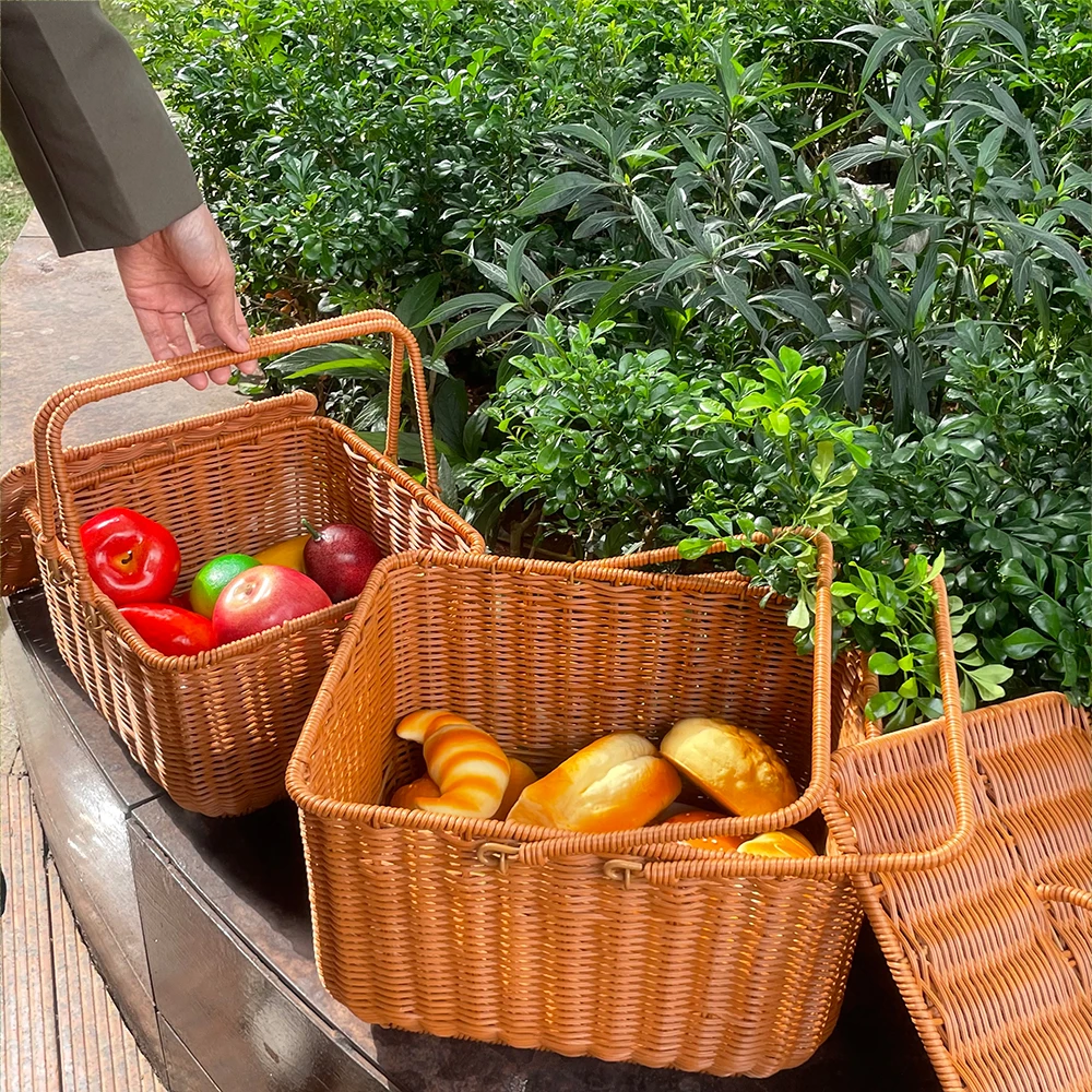 Rattan Portable Large Picnic Baskets With Lid Handle Bread Storage Baskets Wicker Fruit Storage Basket Hamper