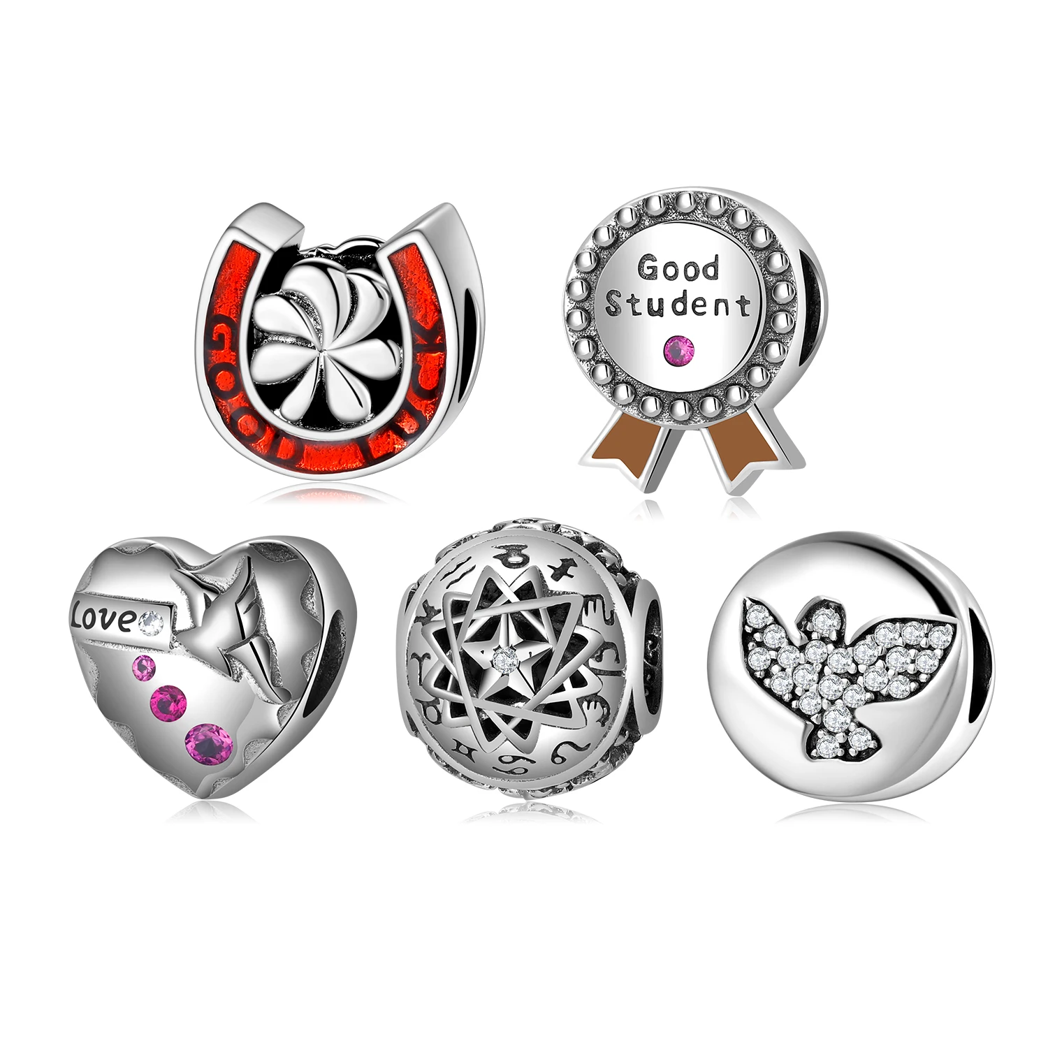 Real 925 sterling silver Beads letter Good Student medal Enamel Bead with Red Zircon Charms for Bracelet jewelry making Hot Sale