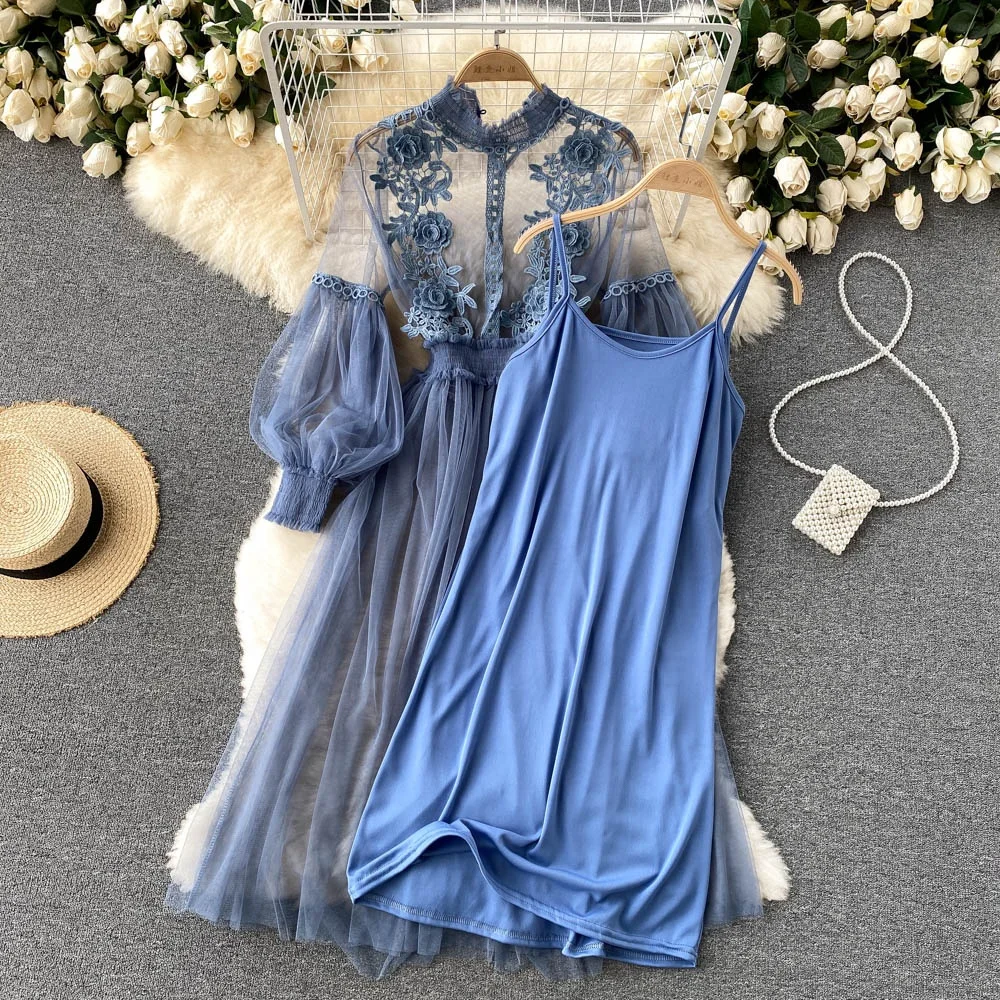 Summer Ladies Dress 3D Flower Mesh Temperament Lantern Long Sleeve High Waist Casual Dress with Cami 2022 Elegant Women Clothing