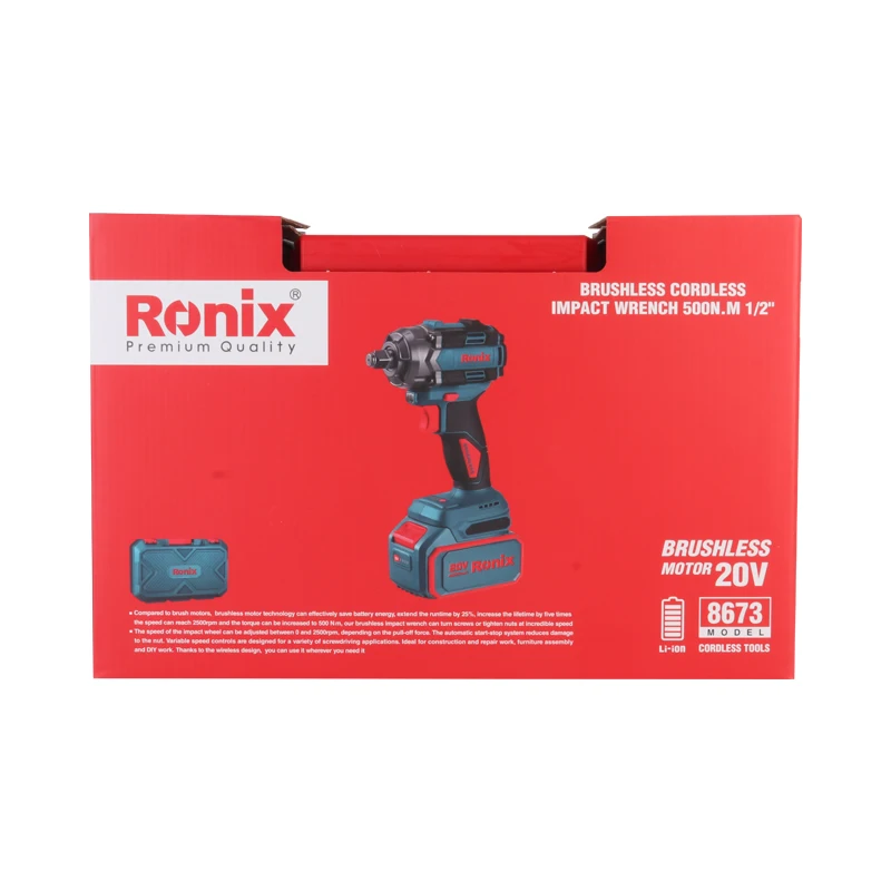 Ronix 8673 Model 20V 4AH 500N.M 1/2 Inch Cordless Impact Wrench with Brushless Motor Electric Wrench