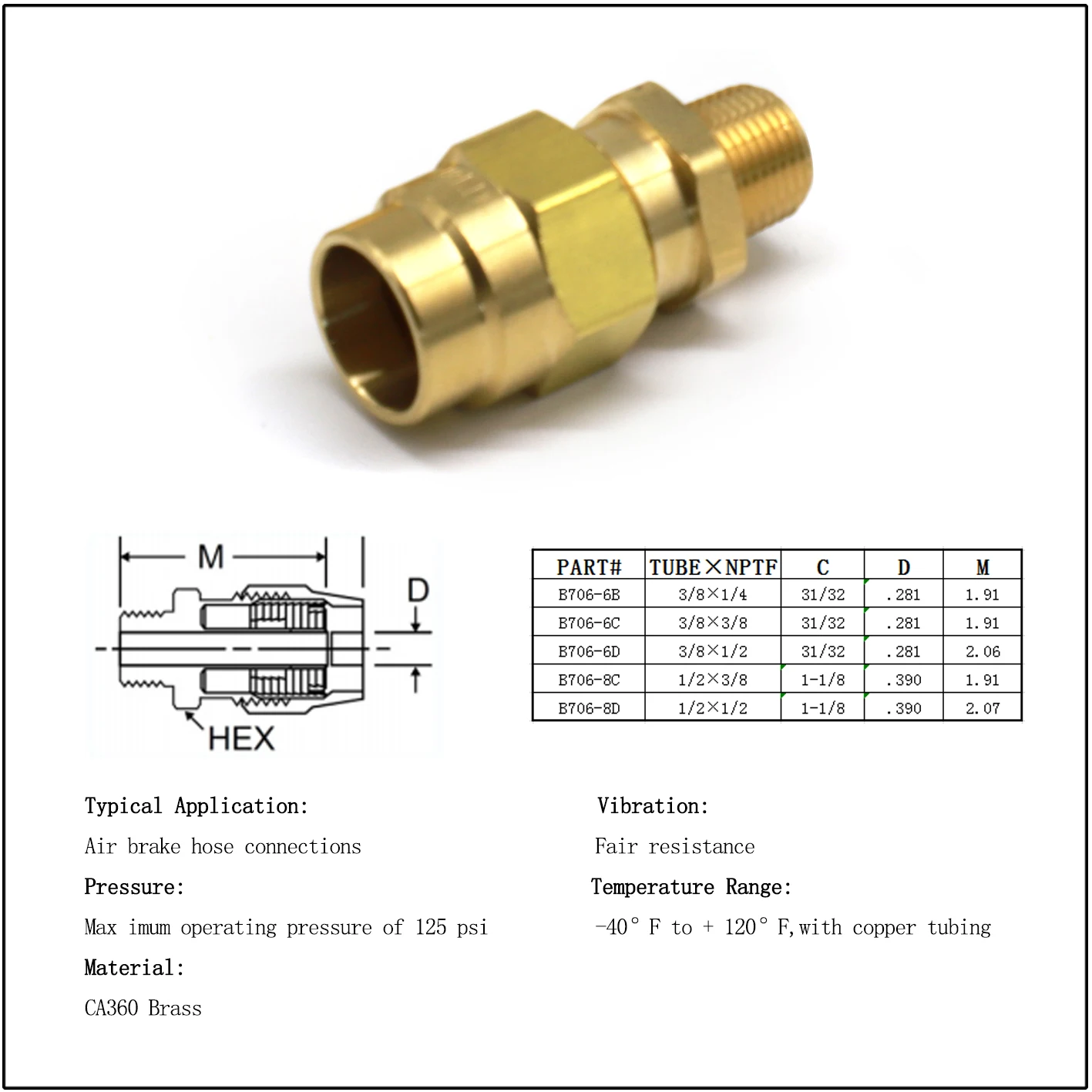Brass DOT Rubber Hose Connector With Spring Guard