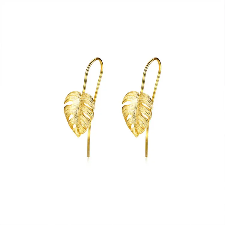 Fine 925 sterling silver  bohemian gold plated tropical palm leaf monstera drop earrings for women wholesale