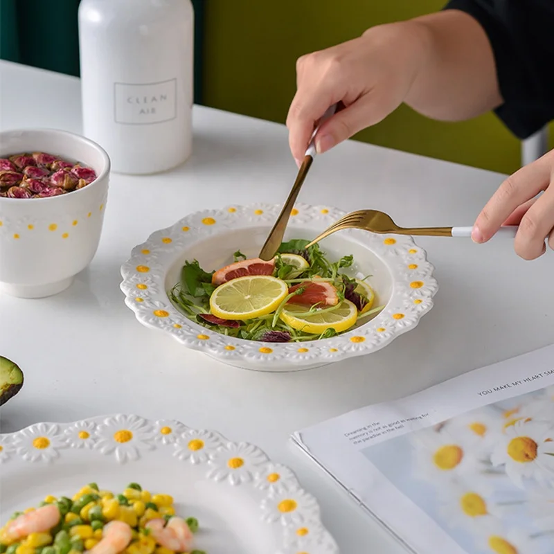 8/10inch Cute Small Daisy Flower Ceramic Plate Dinner Set Steak SnackTray Bakeware Kitchen Tableware