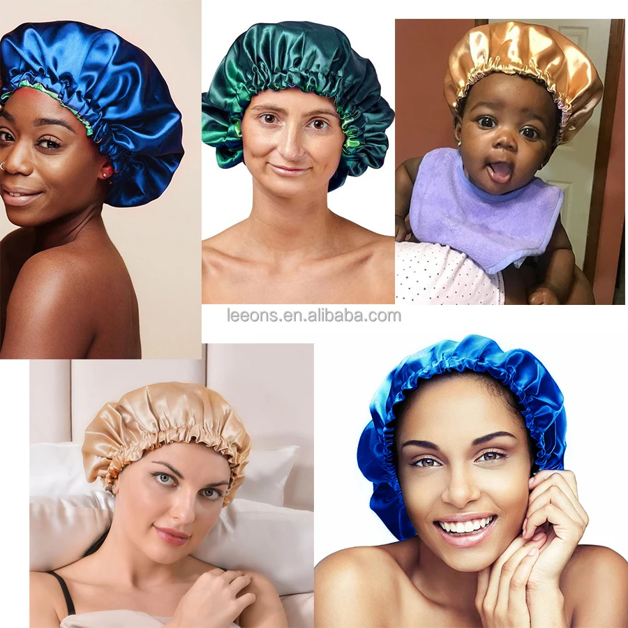 Leeons Cheap Adjustable Satin Bonnet Sleep Cap Silky Satin Cap For Night Sleeping Hair Bonnet Waterproof Bathing Accessory