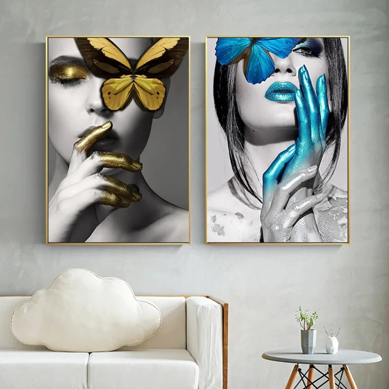 Abstract Wall Art Pictures Fashion Woman Lips butterfly Gold And White Black Oil Painting Modern Home Decor Mural hanging