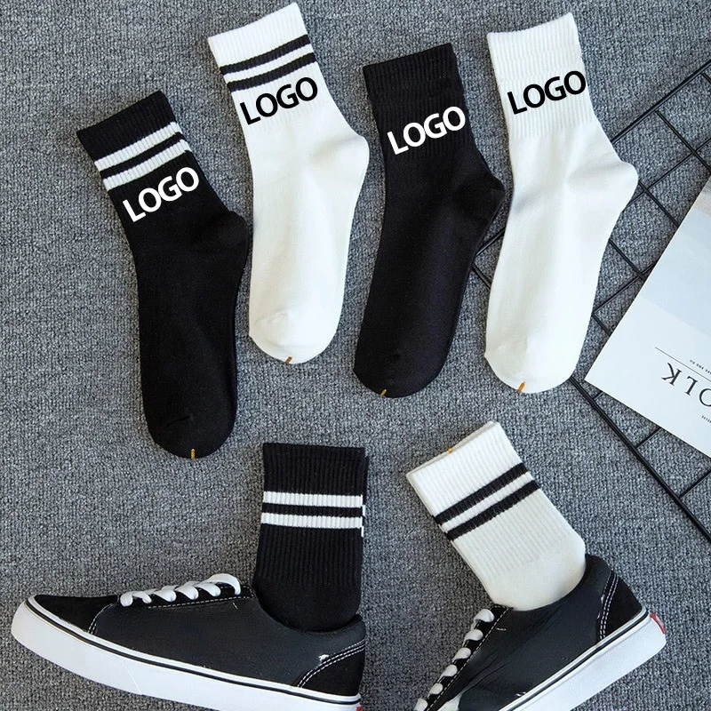 Manufacture White Black Color Striped Casual Sock Cotton Soft Crew Custom Logo Women Men Socks