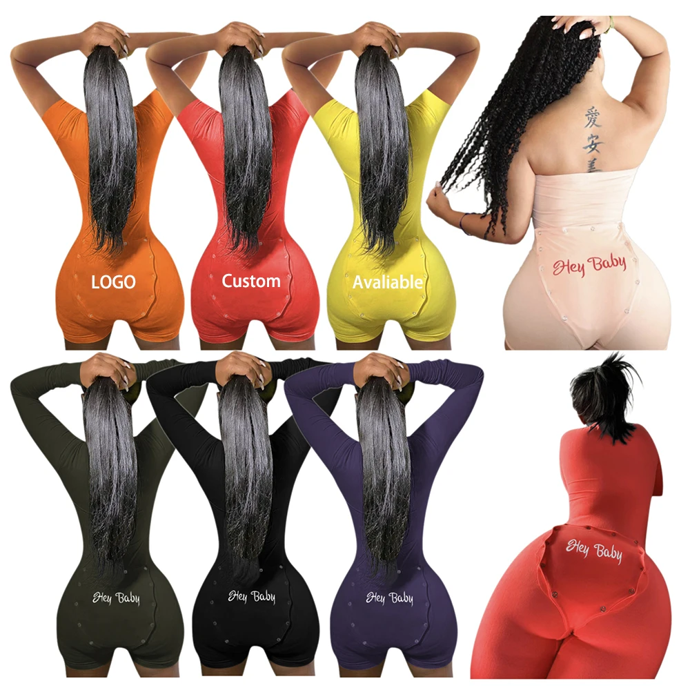 Wholesale Custom Text Hey Baby Solid Color Plain Women Sexy Open Butt Flap Bodycon Romper Onesie Pajamas With Butt Flap Women