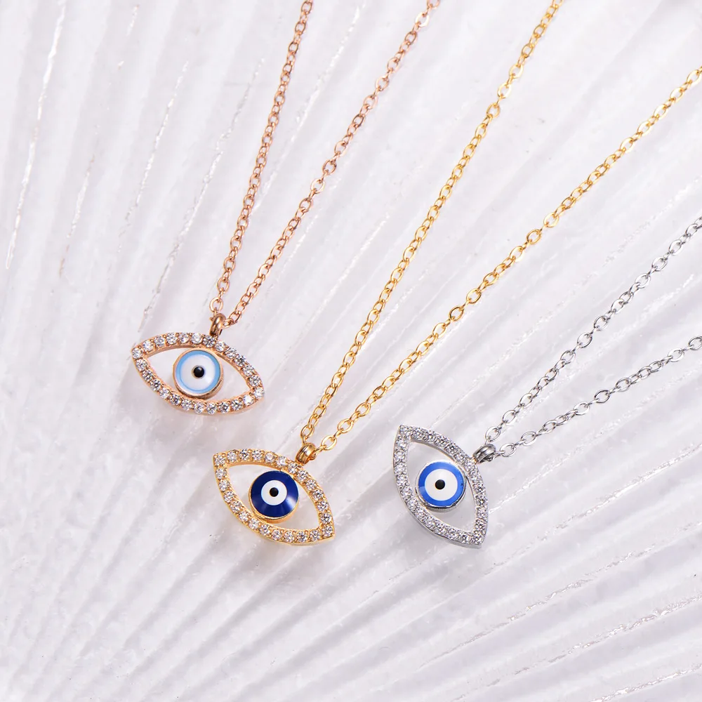 bulk simple 18k gold plated stainless steel pendant evil eye diamond necklace