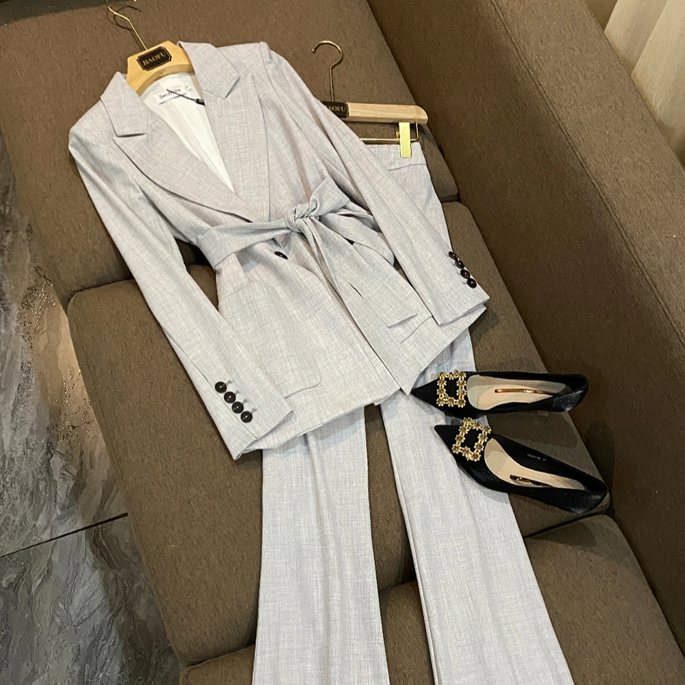 Quality Grey Office Wear Fine Workmanship Long Sleeve Blazer With Belt Flared Elastic Waist Pants Women Fashion 2Pcs