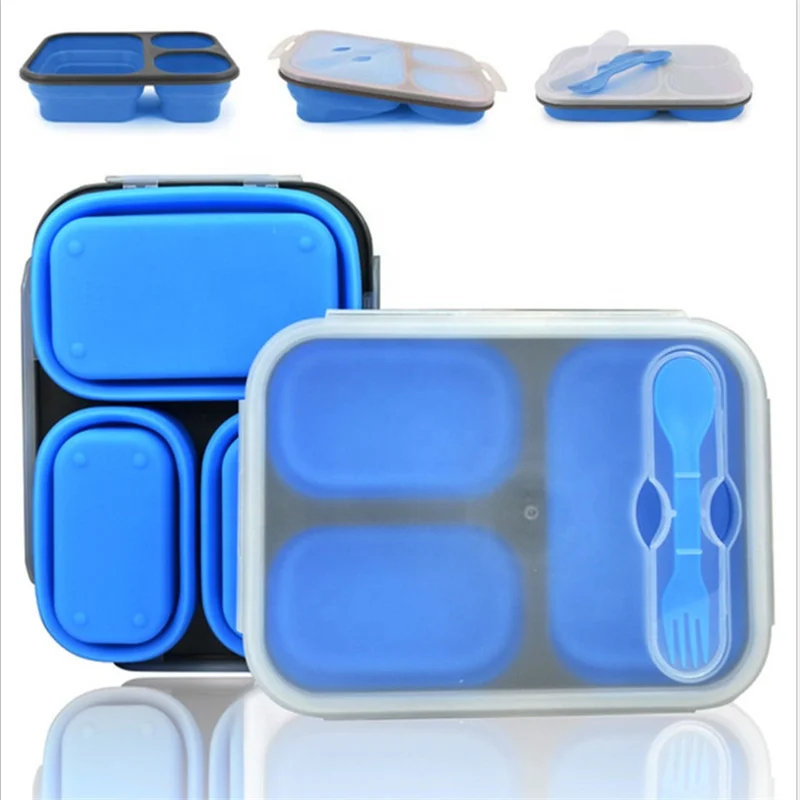 triple 3 compartment collapsible silicone food container food storage bento box kids lunch box