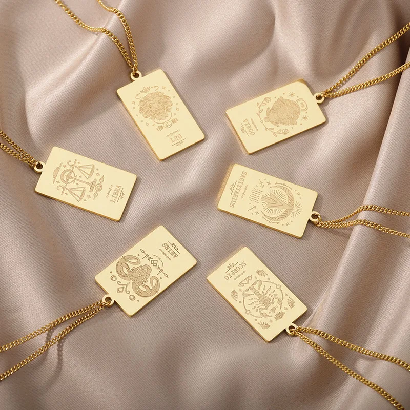 Stainless Steel 18K Gold Plated Necklaces 12 Horoscope Engraved Zodiac Tarot Cards Stamp Square Pendant Necklace Women Jewelry