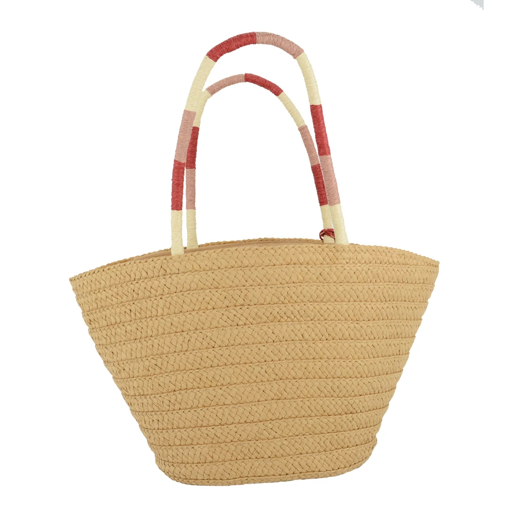 China supplier new design OEM womens straw beach tote bag with pom poms trimming drawstring closure straw tote