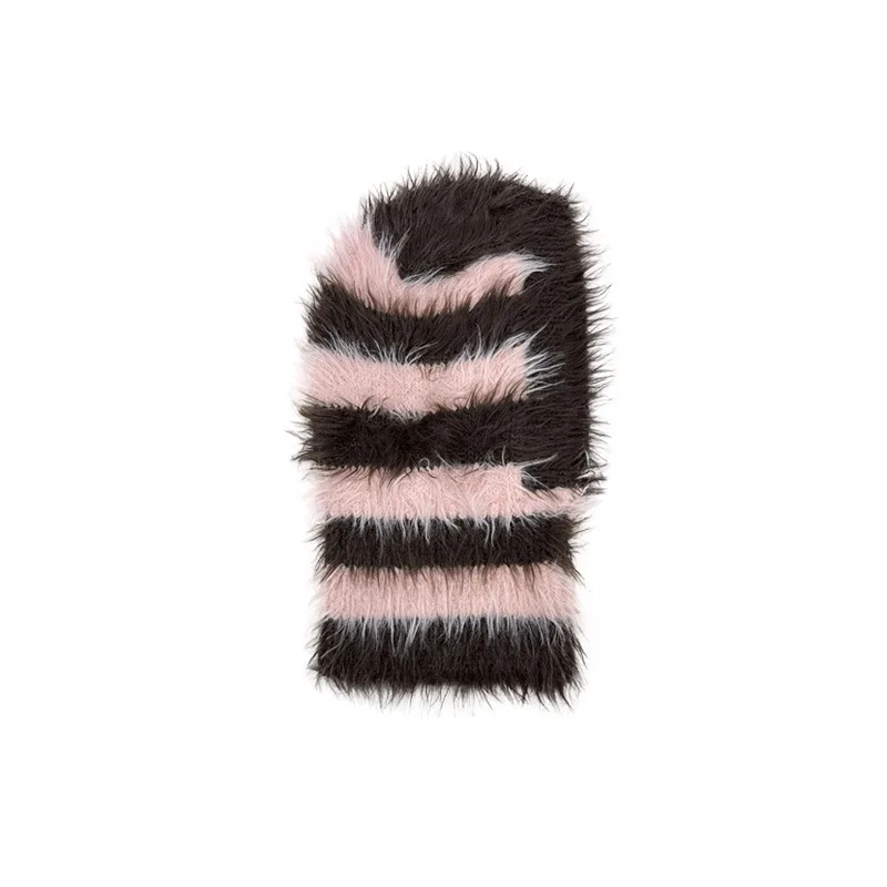 Hot Sale Women Ladies Knitted Nylon Balaclava Striped Faux Fur Beanie Hat for Winter