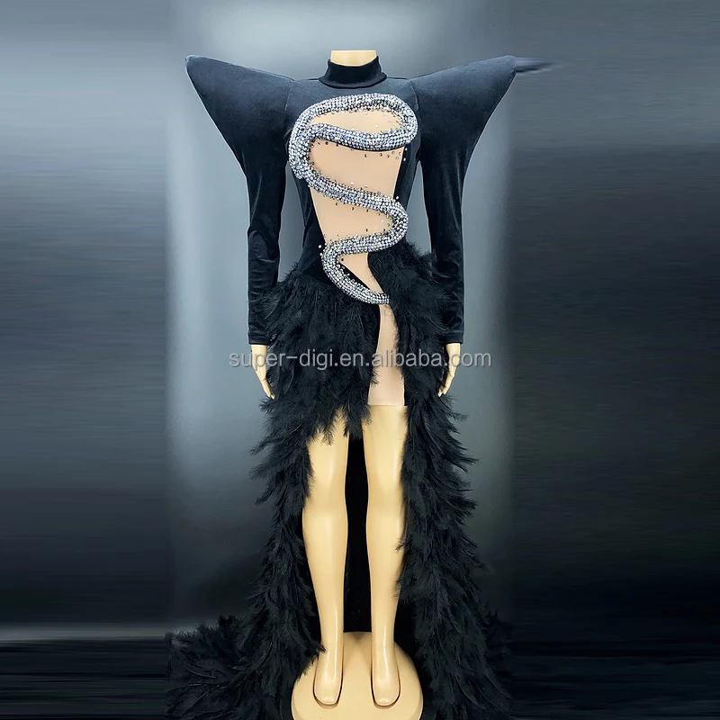 Black Feather  Dress Tail Diamond Snake Cutout Dresses For Women Goth Clothing Red Carpet