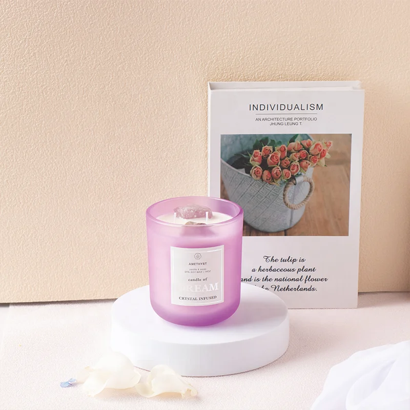 Handmade custom wood wick soy wax luxury aroma scented candles with crystals inside
