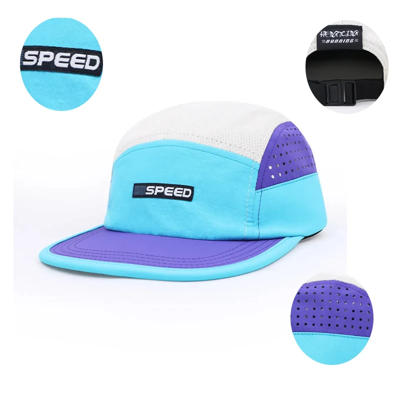 Custom Logo Laser Cut Perforations 5 Panel Running Cap Waterproof 5 Panel Performance Hat