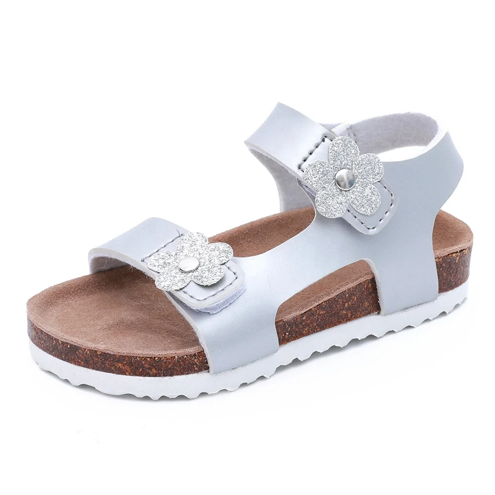 Hotsale High Quality Toddler Kid Girl Flower Sandals with Cow Leather Insole and Cork Foot-bed