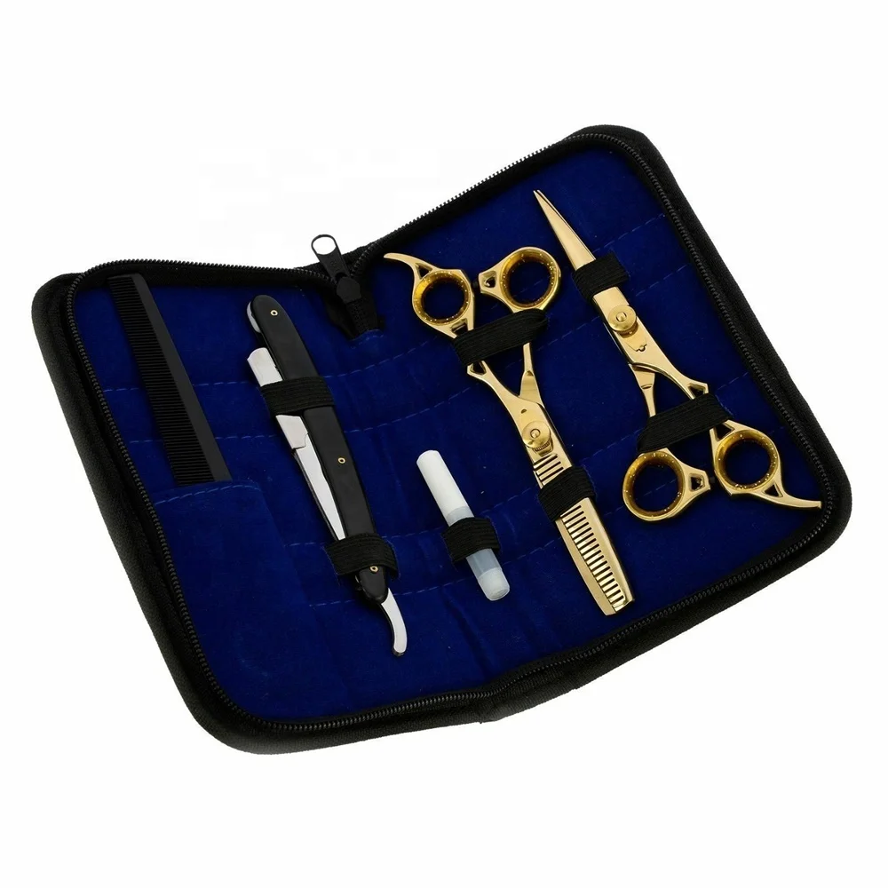 Professional Hot Sell Gold Plated Japan J2 Stainless Steel Hair Cutting Barber Scissors Set With Comb Razor Hair Scissor