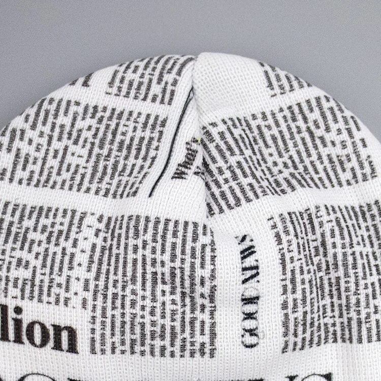 Unisex Street Style Fashion Designer Skull Cap Manufacturer all over print Knitted Letter Fold Up Custom Acrylic Beanie