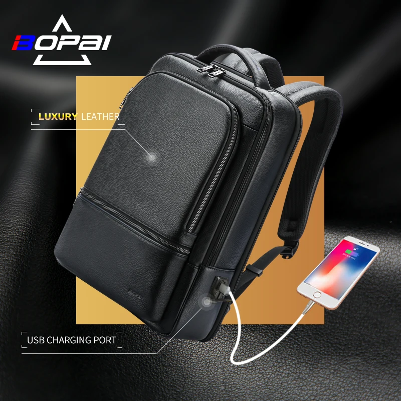 BOPAI cowhide custom logo premium usb charging men business 15.6 inch laptop luxury genuine real leather backpack