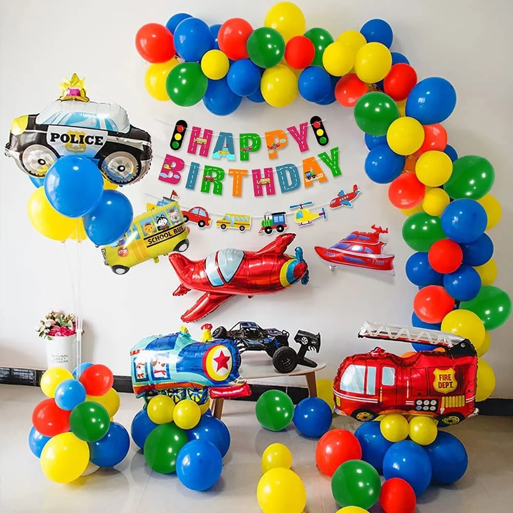 Transportation Birthday Decoration for Boys Happy Birthday  Foil Balloons Transport Vehicles Cake Topper Kids