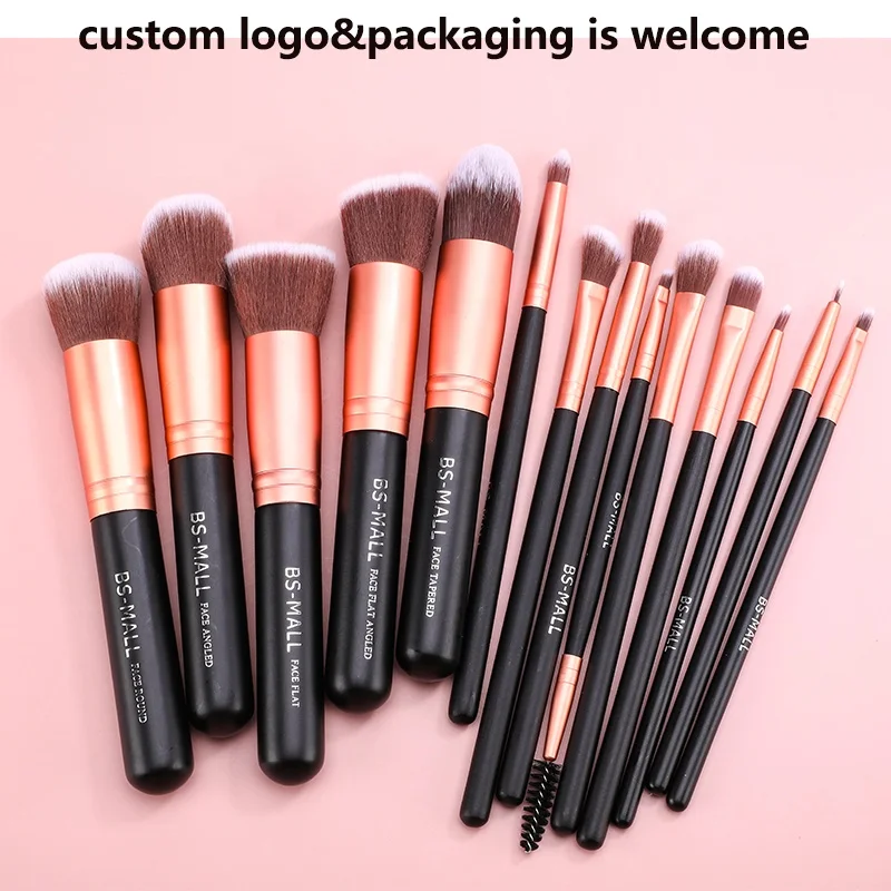 Amazon Best Sell BS-MALL Custom Label Makeup Cosmetic Brushes 14 PCS Rose Gold Synthetic Makeup Brushes Set