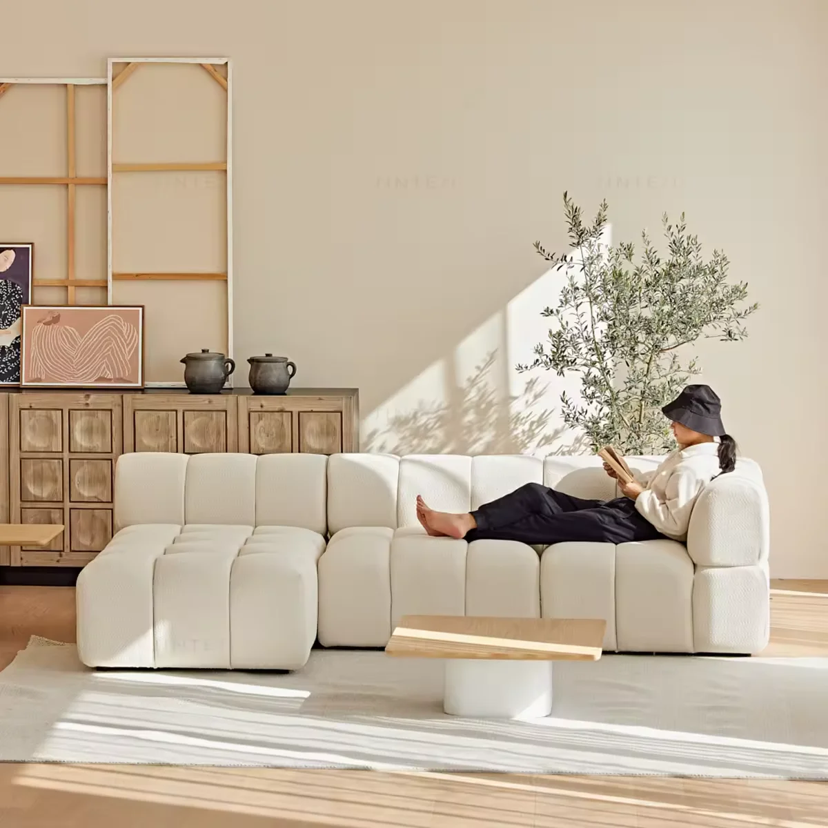 Comfortable White Modular L-Shaped sectional Sofa Cloud Sofa by Navia Designer for the living room of a hotel villa apartment.