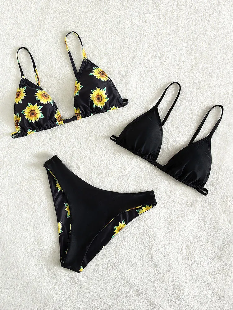 Custom Girls Swimwear 3 Piece Set Floral Print Kids Thong Micro Bikinis Swimsuit Sets