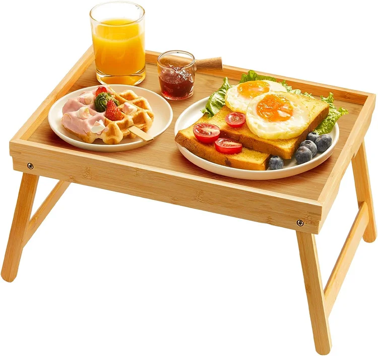 Free samples 2024 eco-friendly wood adjustable bed table breakfast tray with foldable legs
