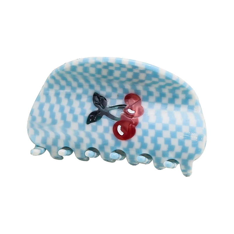 European And American Blue lattice inlaid cherry Acetate Plaid Hair Claws 7.5cm Middle Size Hair Clips Checker Semi-Circle Hair