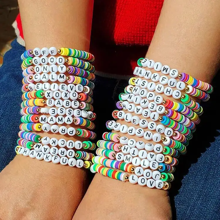 European and American Bohemian Colorful Rainbow Polymer Clay Bracelet Disc Heishi Beaded Words Initial Letters Bracelet Custom