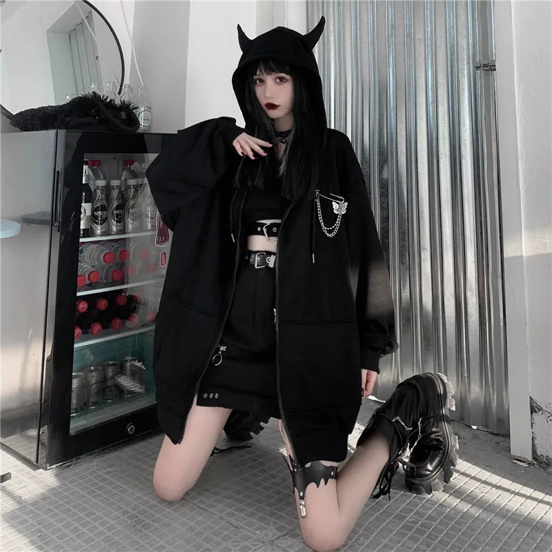 FH453 New Diablo Little Devil Hooded Winter Full Zipper Hoodie Coat Women Loose Black Cardigan Ear Sweatshirt Jacket Female
