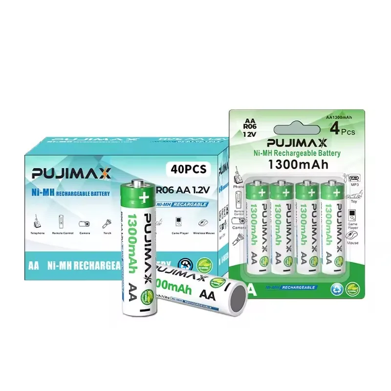 PUJIMAX Hot Sell AA Rechargeable Battery Safe And Durable 40Pcs/box 1300mAh Ni-Mh Battery 1.2V AA Batteries For Remote Control