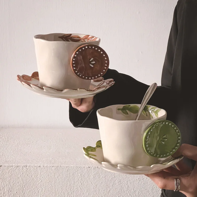 Lelyi Factory direct sales new design Japanese retro rattan leaf ceramic cup with saucer creative coffee cup set