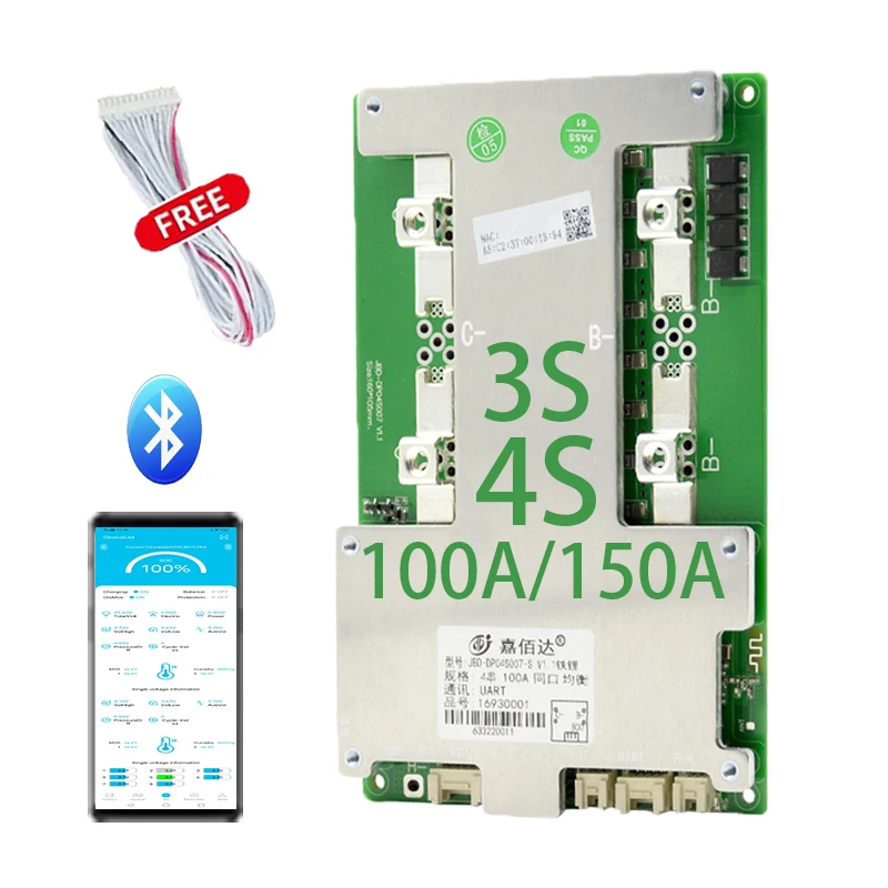 Jiabaida  smart bms with bt/UART/temperature sensor/heating function 12v 100a bms for 4s lifepo4 battery with balance